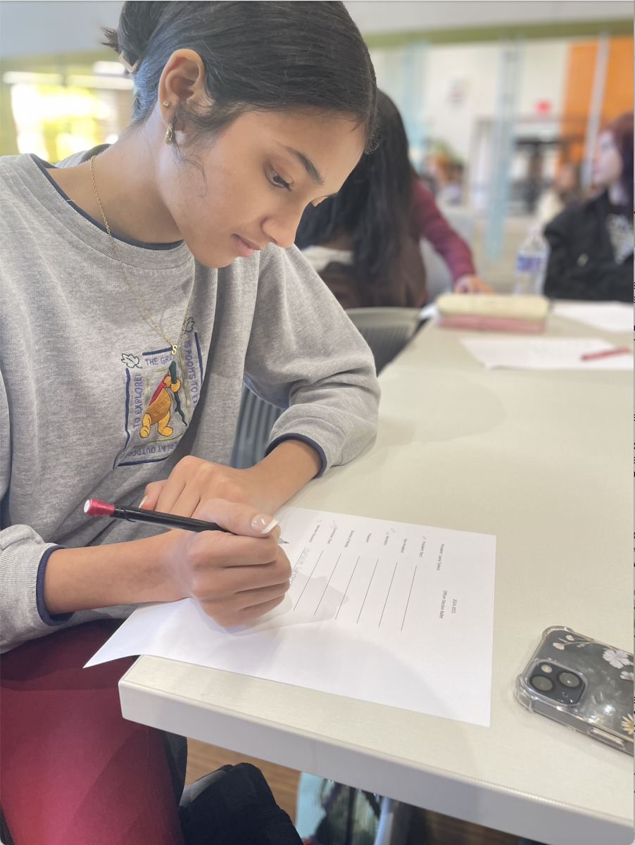 Freshman Sriya Prasad votes for her favorite candidates for HOSA’s leadership. This week HOSA kicked off its first official meeting of the year. During this meeting, students learned more about the club and voted for their leadership. “We were electing officers based on who had the best leadership skills and the best experience,” Prasad said. “I am also very excited to join HOSA because I believe it will help me jumpstart my medical career.”